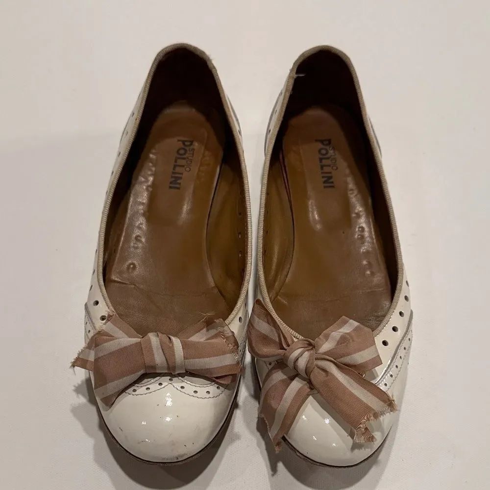 Studio Pollini Women's White and Brown Bow Flats